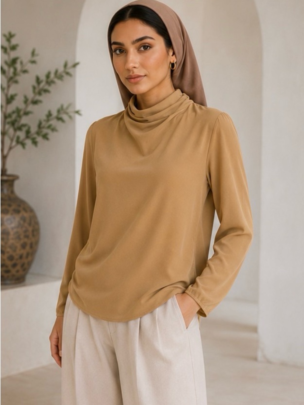 Terry Lewis Classic Luxuries Long-Sleeve Drape Neck Blouse in Camel